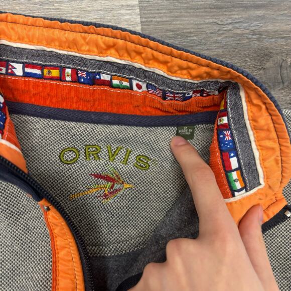 Orvis Gray Blue Orange Mens M 1/4 Zip Snap Mock Neck Pullover Signature Sweater‎ - Picture 4 of 10